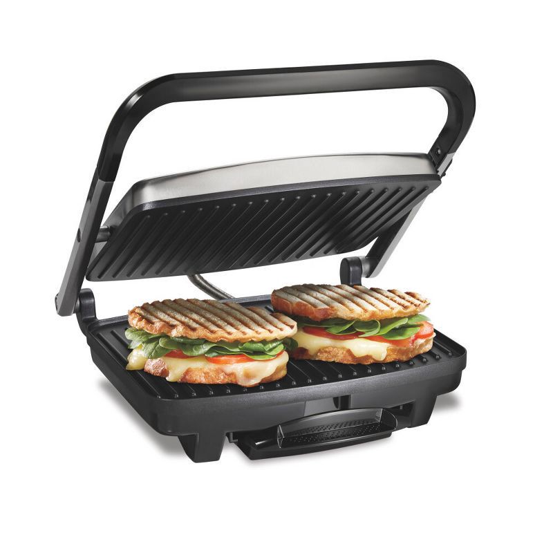 slide 1 of 7, Hamilton Beach Panini Press Nonstick Indoor Grill Silver: 1500W Metal Kitchen Grill & Toaster, Hand Wash, 1-Year Warranty, 1 ct