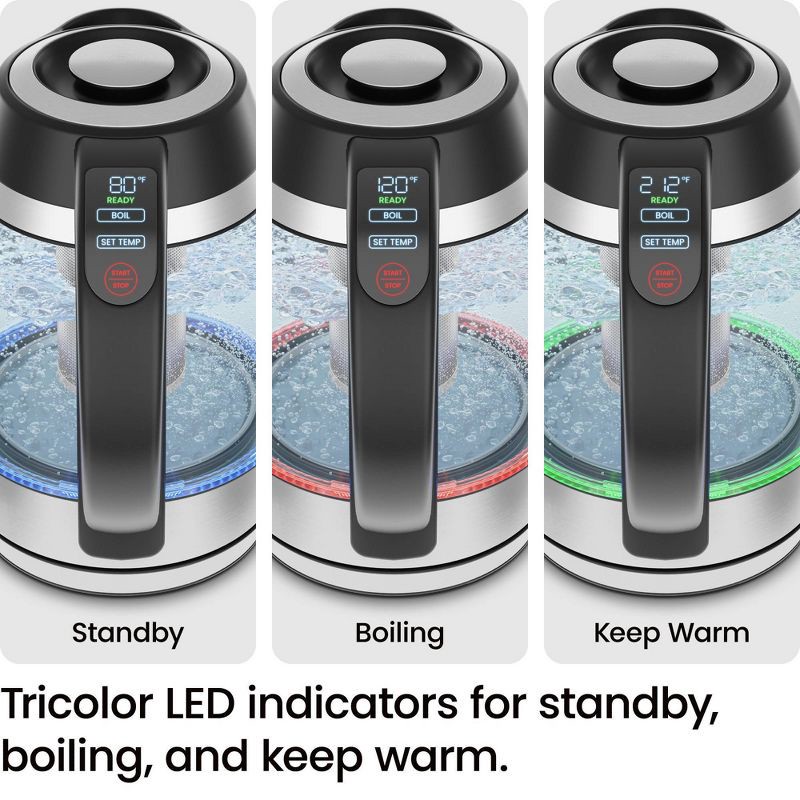 slide 5 of 8, Chefman 1.8L Lightning Borosilicate Glass Electric Kettle: Stainless Steel Lid, 1750W, Hand Wash, Silver & Black Accents, 1.8 liter