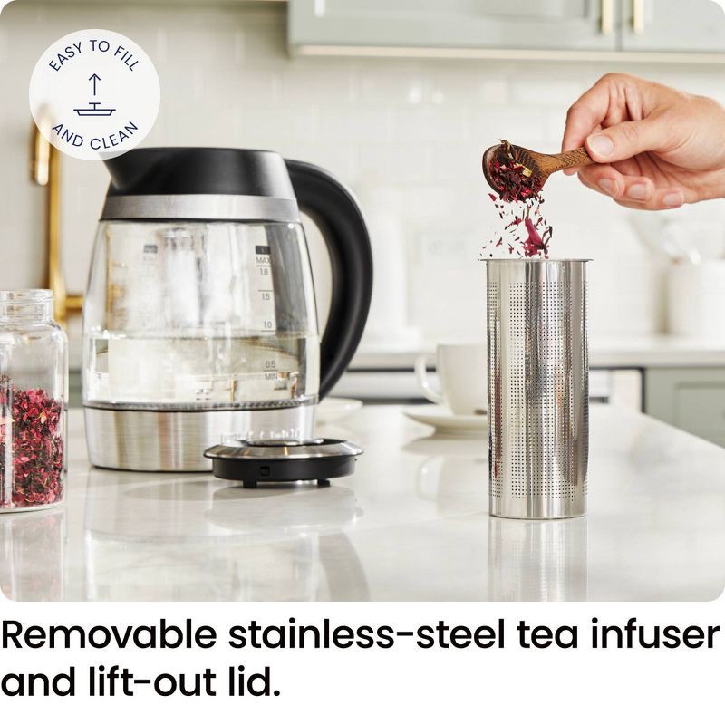 slide 6 of 8, Chefman 1.8L Lightning Borosilicate Glass Electric Kettle: Stainless Steel Lid, 1750W, Hand Wash, Silver & Black Accents, 1.8 liter