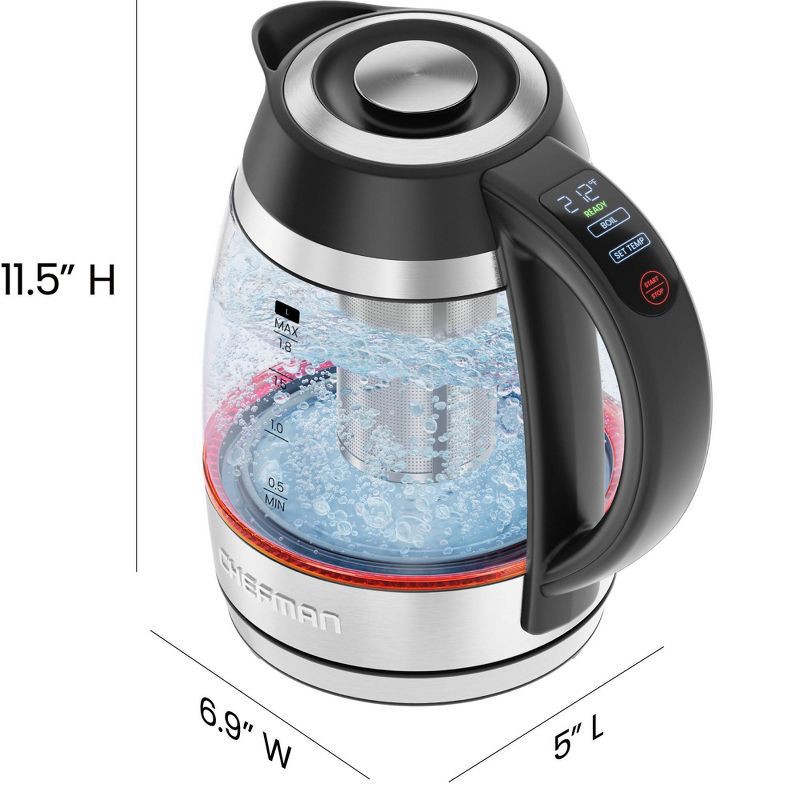 slide 8 of 8, Chefman 1.8L Lightning Borosilicate Glass Electric Kettle: Stainless Steel Lid, 1750W, Hand Wash, Silver & Black Accents, 1.8 liter