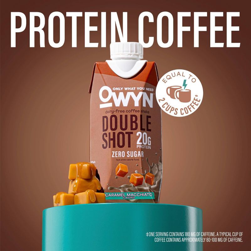 slide 4 of 9, OWYN Double Shot Coffee Caramel Macchiato Caffeinated Protein Shake - 44.6 fl oz/4pk, 44.6 fl oz, 4 ct