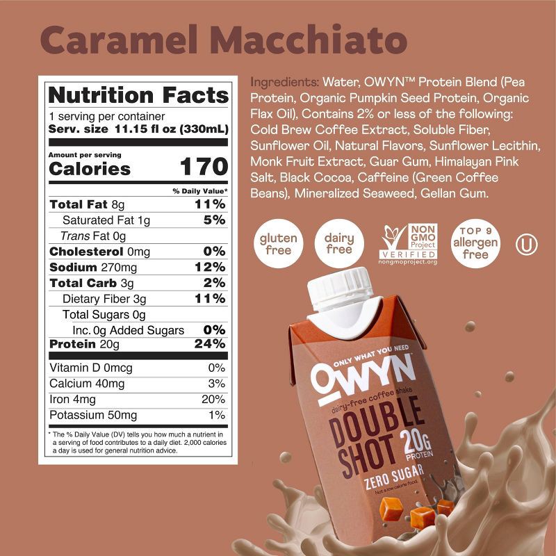 slide 6 of 9, OWYN Double Shot Coffee Caramel Macchiato Caffeinated Protein Shake - 44.6 fl oz/4pk, 44.6 fl oz, 4 ct