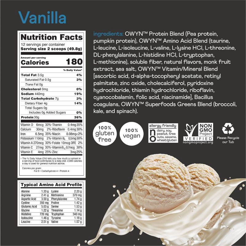 slide 6 of 6, OWYN Pro Elite Protein Plant Based Powder - Vanilla - 1.32lbs, 1.32 lb
