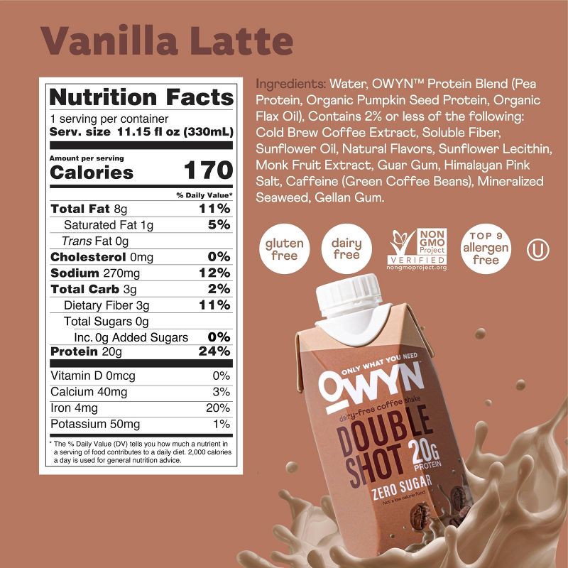 slide 6 of 9, OWYN Double Shot Coffee Vanilla Latte Caffeinated Protein Shake - 44.6 fl oz/4pk, 44.6 fl oz, 4 ct