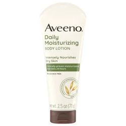 Aveeno Daily Moisturizing Body Lotion with Soothing Prebiotic Oat, Gentle Lotion Nourishes Dry Skin With Moisture, Paraben-, Dye- & Fragrance-Free, Non-Greasy & Non-Comedogenic, 2.5 fl. oz