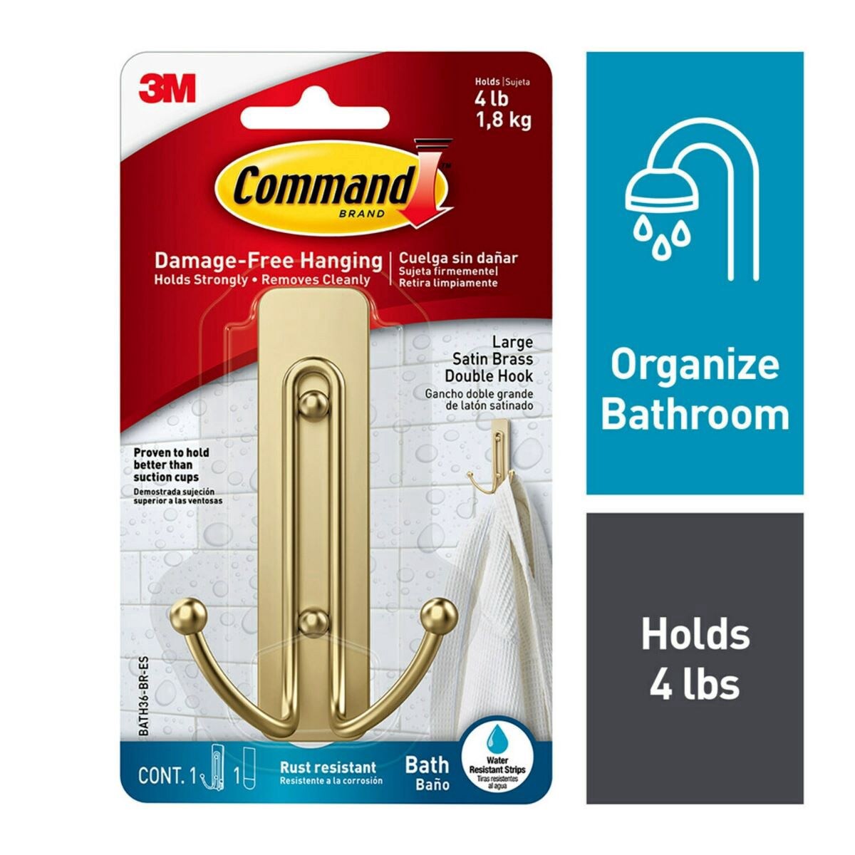 slide 1 of 21, 3M Command Bath Large Satin Brass Hook 1 ct., 1 ct