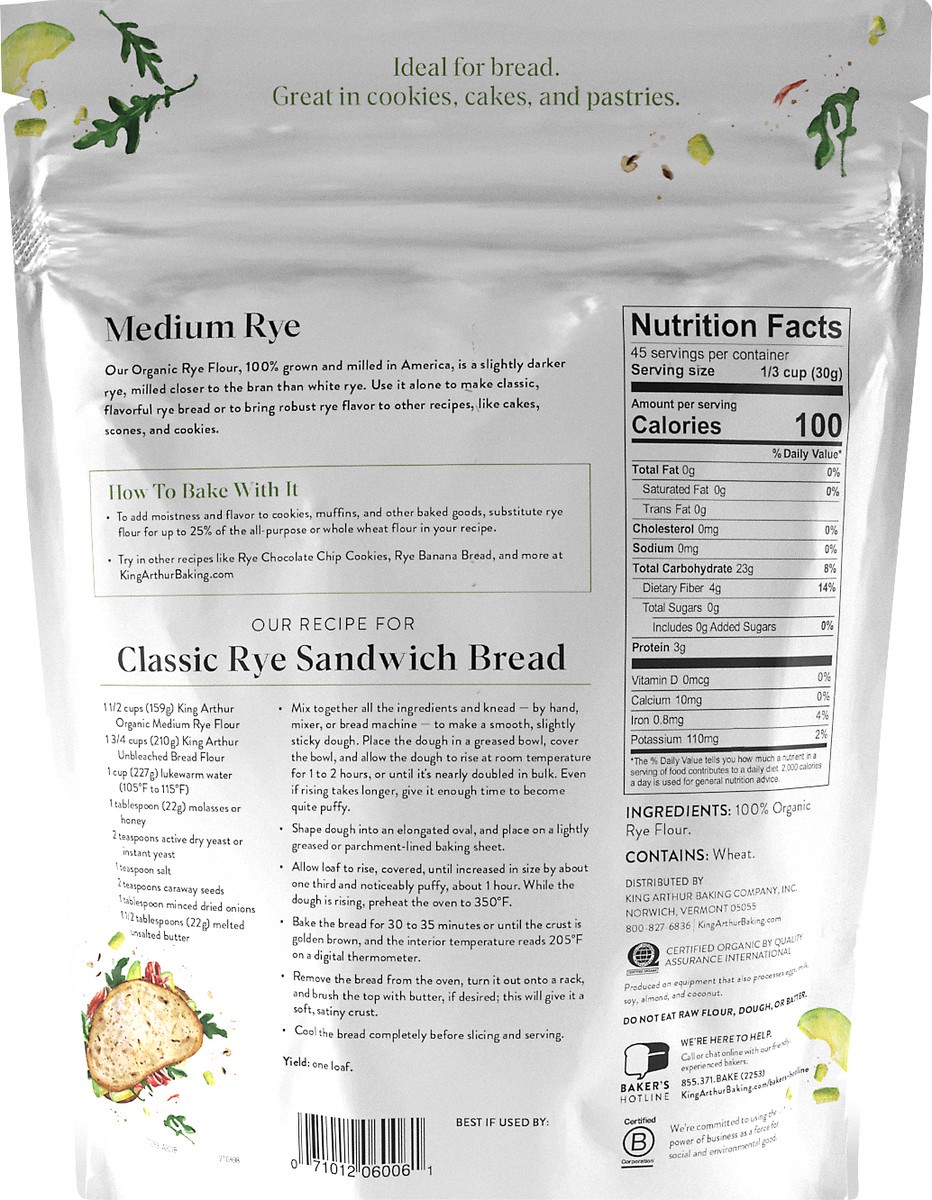 slide 3 of 5, King Arthur Baking Organic Classic Medium Rye Flour 48 oz, 48 oz