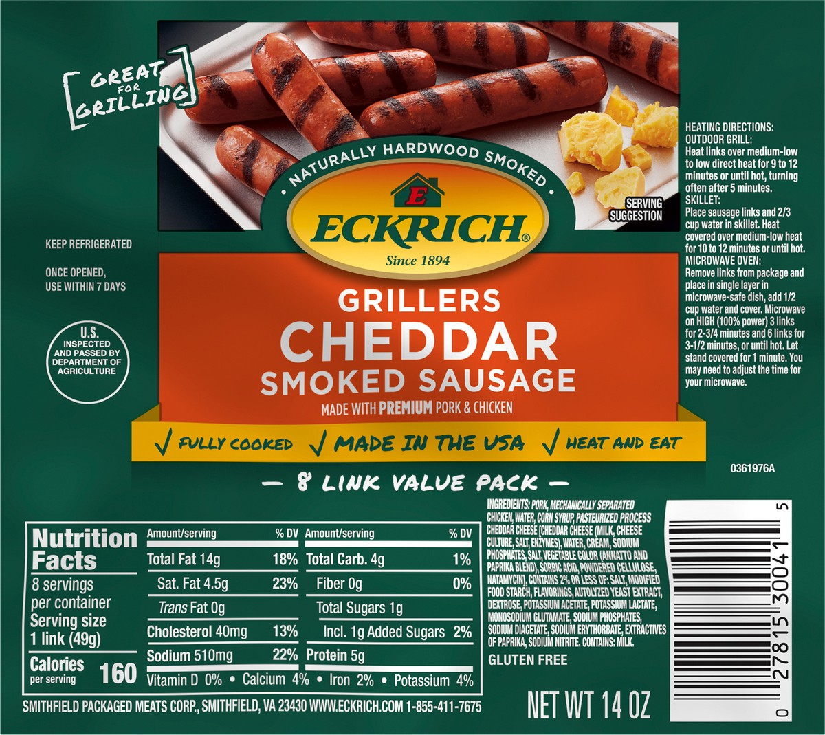 slide 3 of 4, Eckrich Cheddar Smoked Sausage Grillers, 14 oz, 14 oz