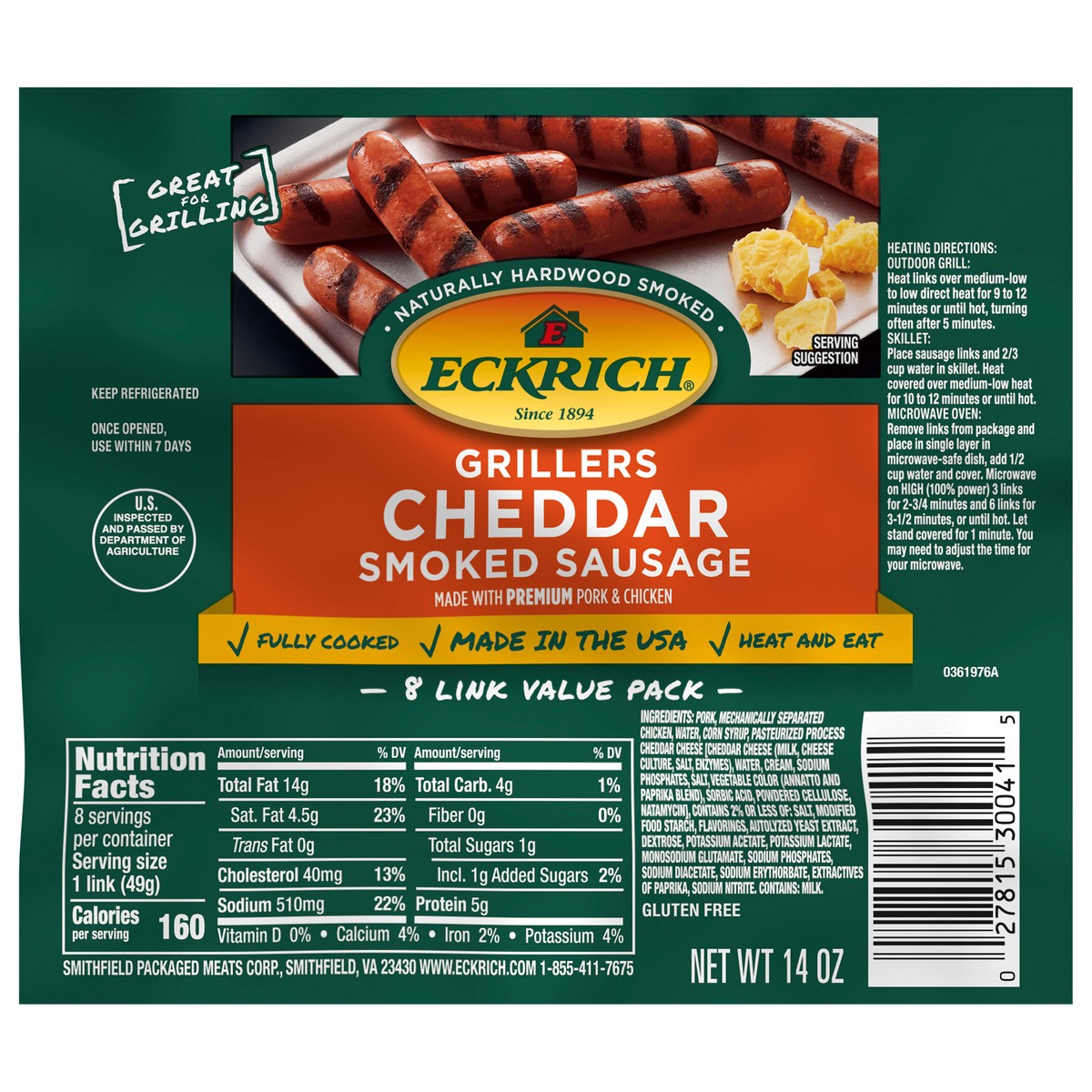 slide 1 of 4, Eckrich Cheddar Smoked Sausage Grillers, 14 oz, 14 oz
