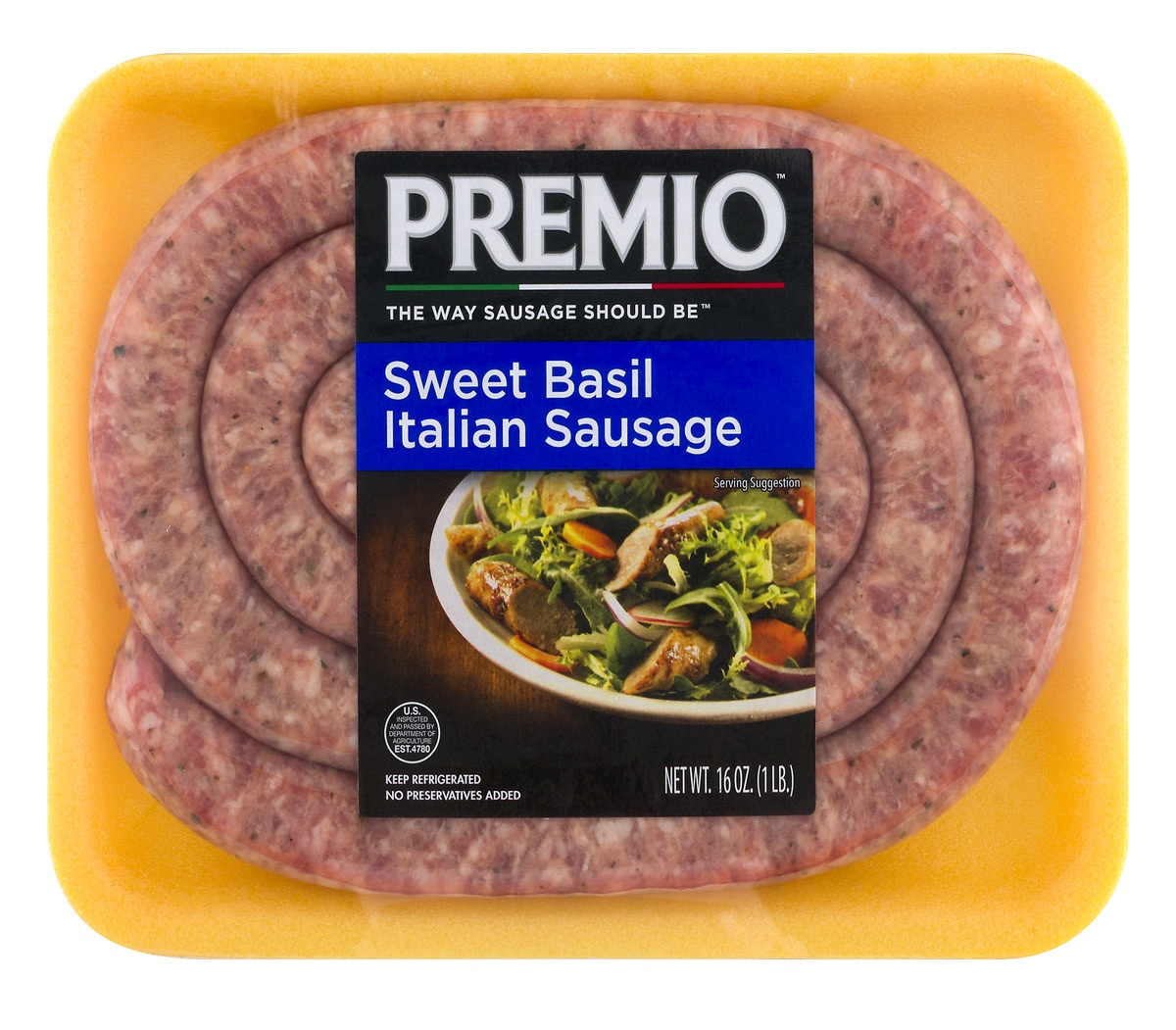 slide 1 of 1, Premio Sweet Basil Italian Sausage, 16 oz