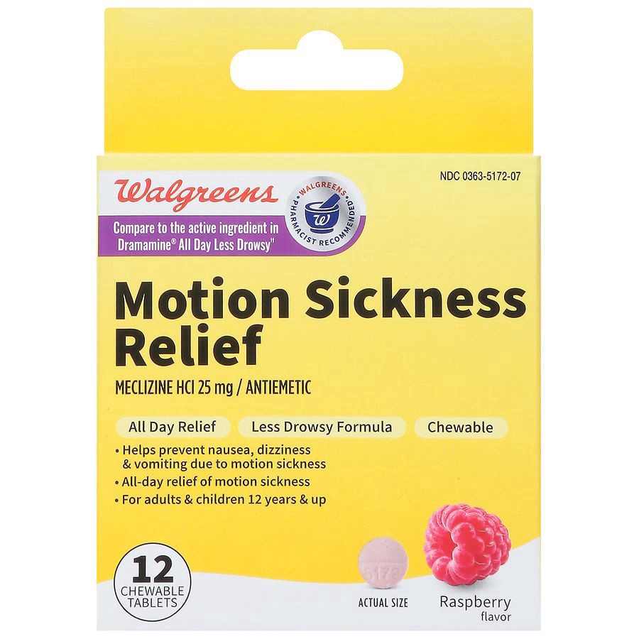 slide 1 of 3, Walgreens Motion Sickness Relief Chewable Tablets Raspberry, 12 ct