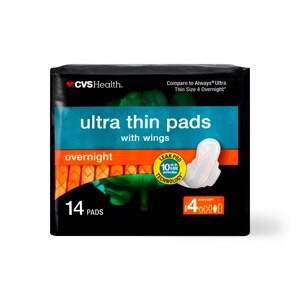 slide 1 of 1, CVS Health Ultra Thin Pads With Wings, Overnight, 14 Ct, 1 ct