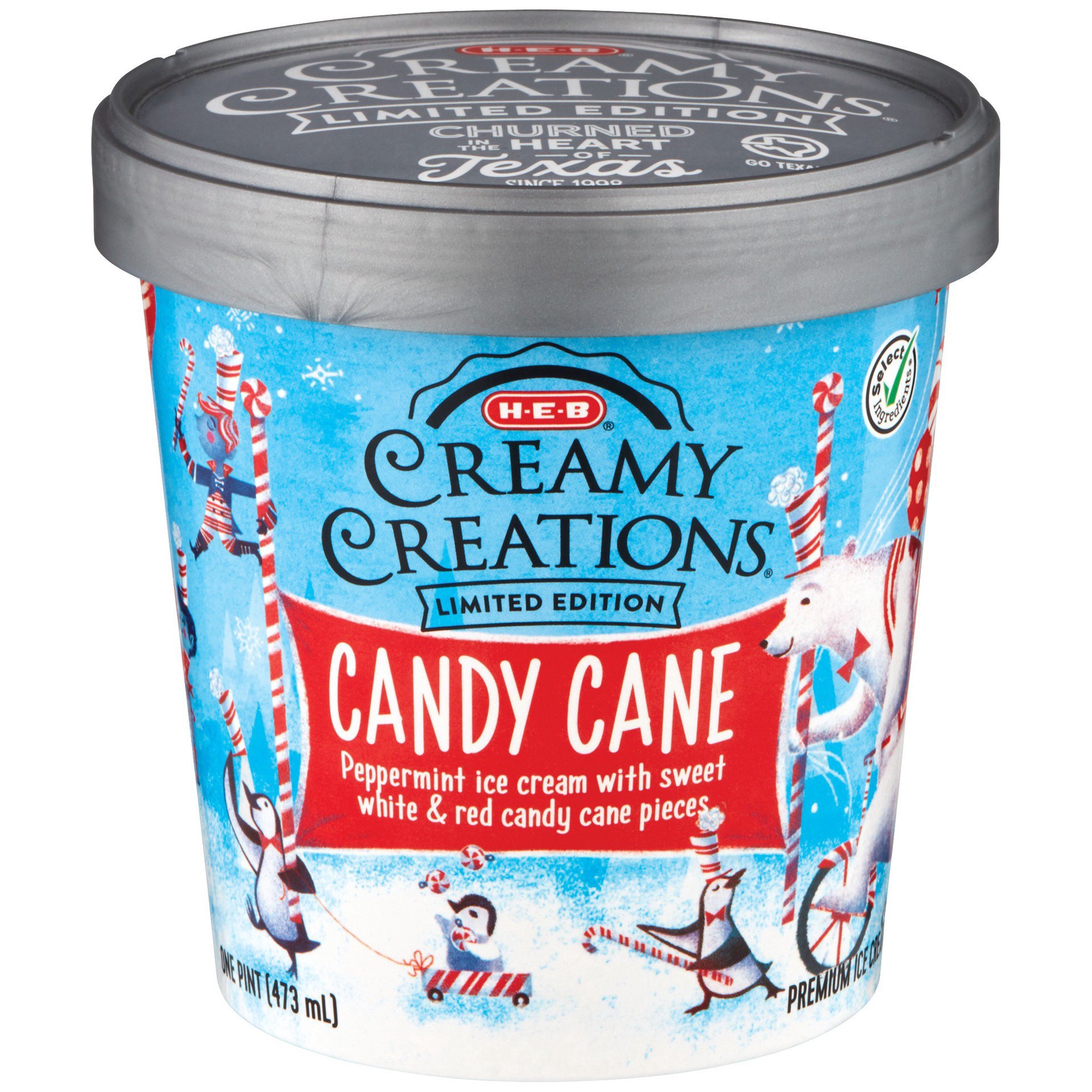 slide 1 of 1, H-E-B Select Ingredients Creamy Creations Candy Cane Limited Edition Ice Cream, 1 pint