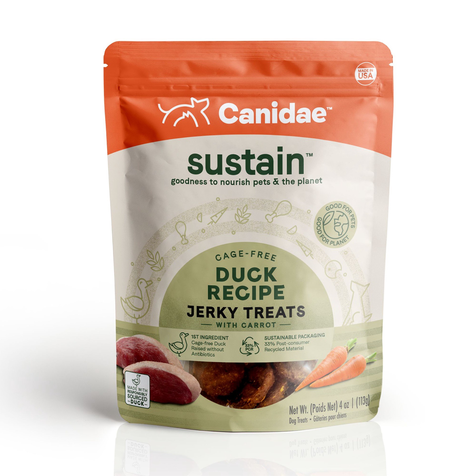 slide 1 of 1, CANIDAE Sustain Duck & Carrot Jerky Dog Treats, 4 oz