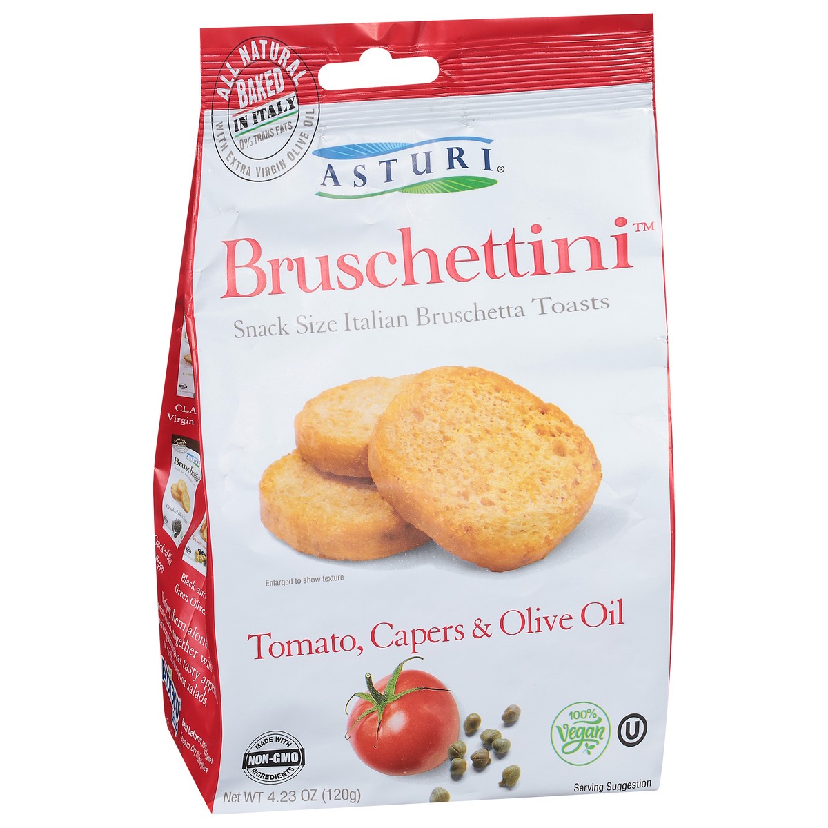 slide 4 of 9, Asturi Bruschetta Toasts, Italian, Tomato Capers & Olive Oil, Snack Size - 4.23 oz, 4.23 oz