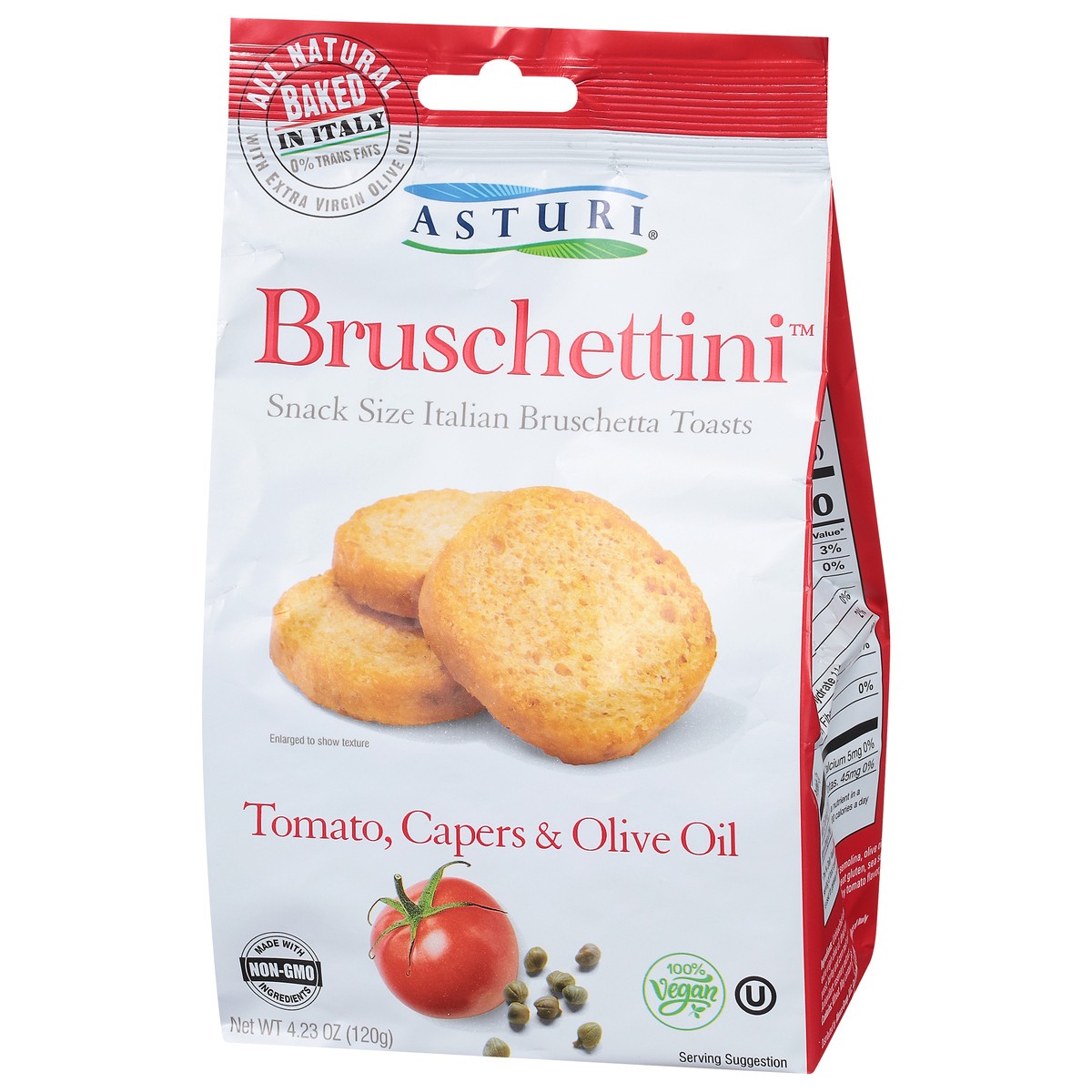 slide 6 of 9, Asturi Bruschetta Toasts, Italian, Tomato Capers & Olive Oil, Snack Size - 4.23 oz, 4.23 oz