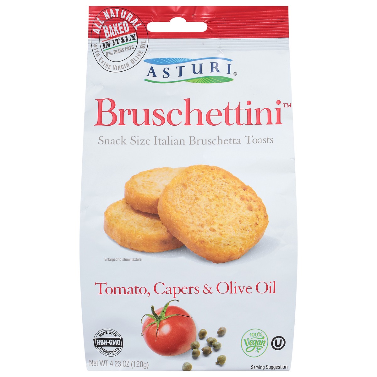 slide 1 of 9, Asturi Bruschetta Toasts, Italian, Tomato Capers & Olive Oil, Snack Size - 4.23 oz, 4.23 oz