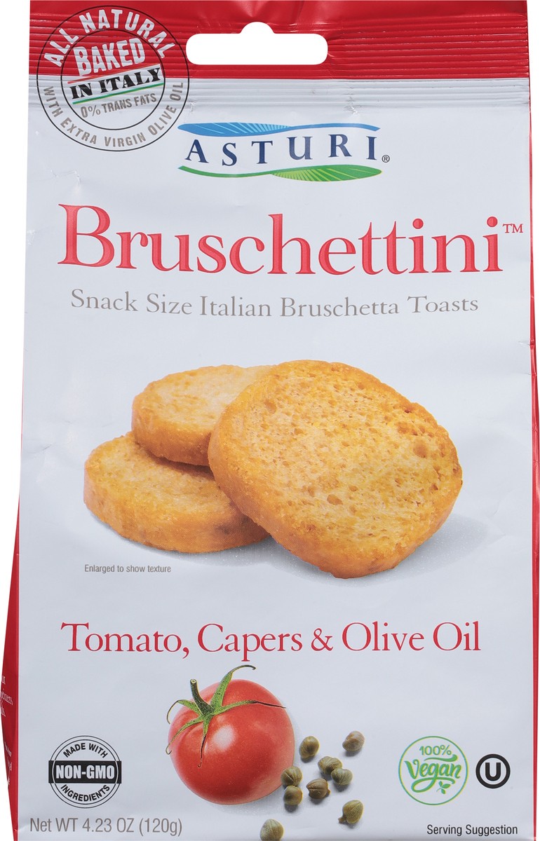 slide 9 of 9, Asturi Bruschetta Toasts, Italian, Tomato Capers & Olive Oil, Snack Size - 4.23 oz, 4.23 oz