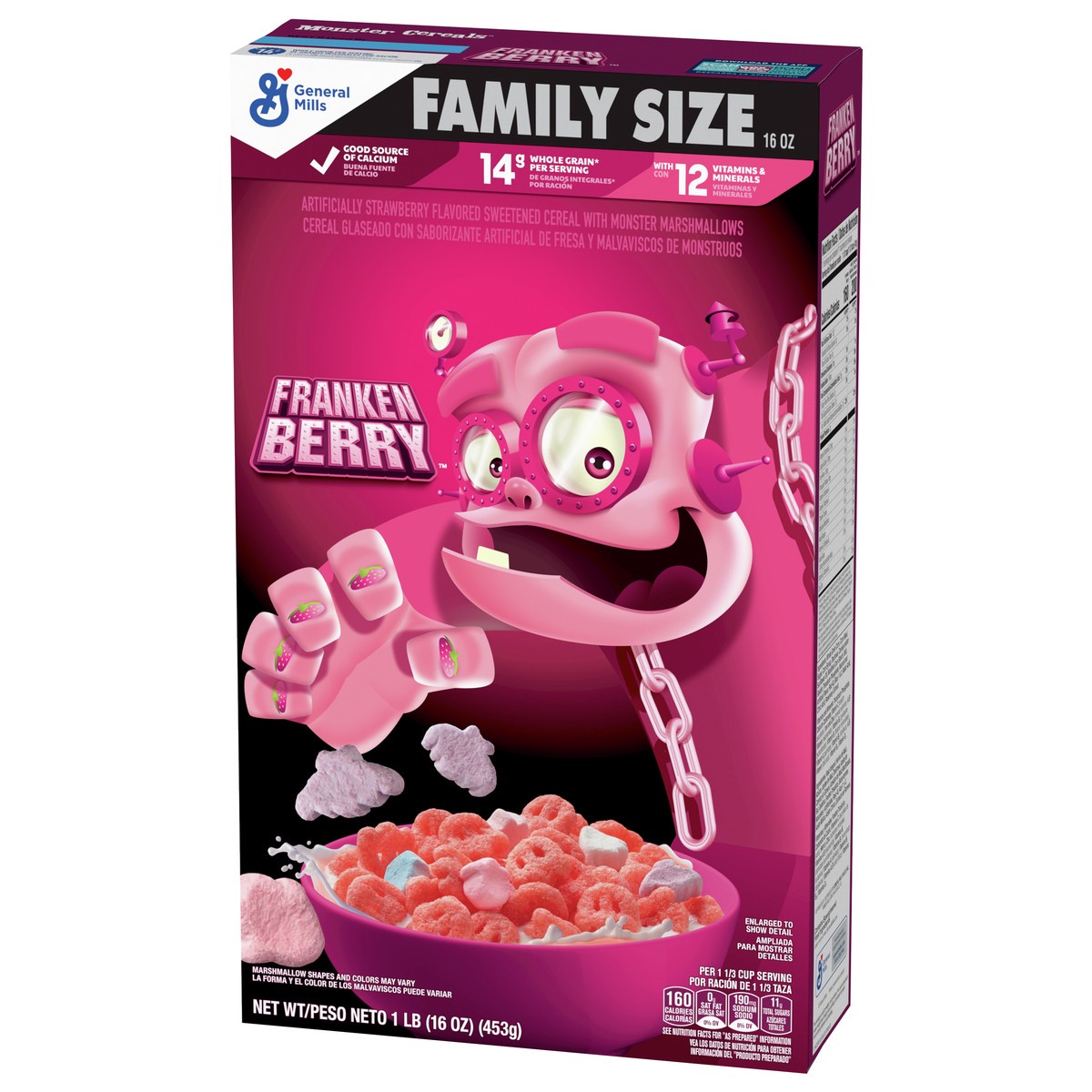 slide 3 of 9, Franken Berry Cereal with Monster Marshmallows, Kids Breakfast Cereal, Limited Edition, Made with Whole Grain, Family Size, 16 oz , 16 oz