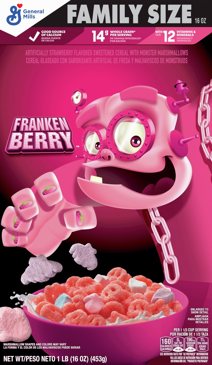 slide 6 of 9, Franken Berry Cereal with Monster Marshmallows, Kids Breakfast Cereal, Limited Edition, Made with Whole Grain, Family Size, 16 oz , 16 oz