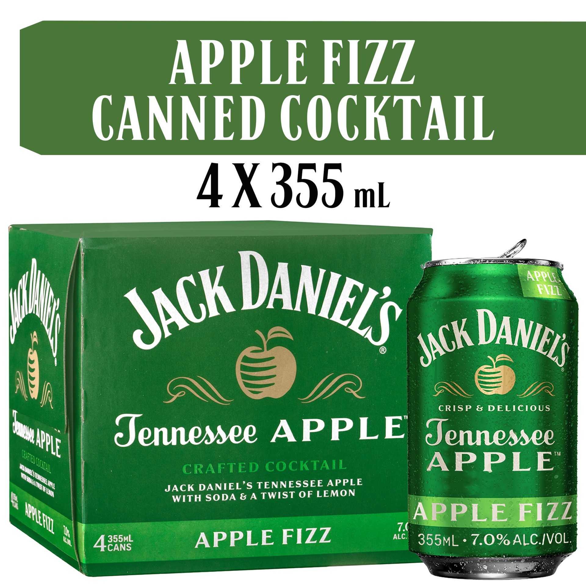 slide 5 of 8, Jack Daniel's Apple Fizz Ready to Drink Whiskey Cocktail, 12 oz Can, 4-Pack 14 Proof, 12 oz