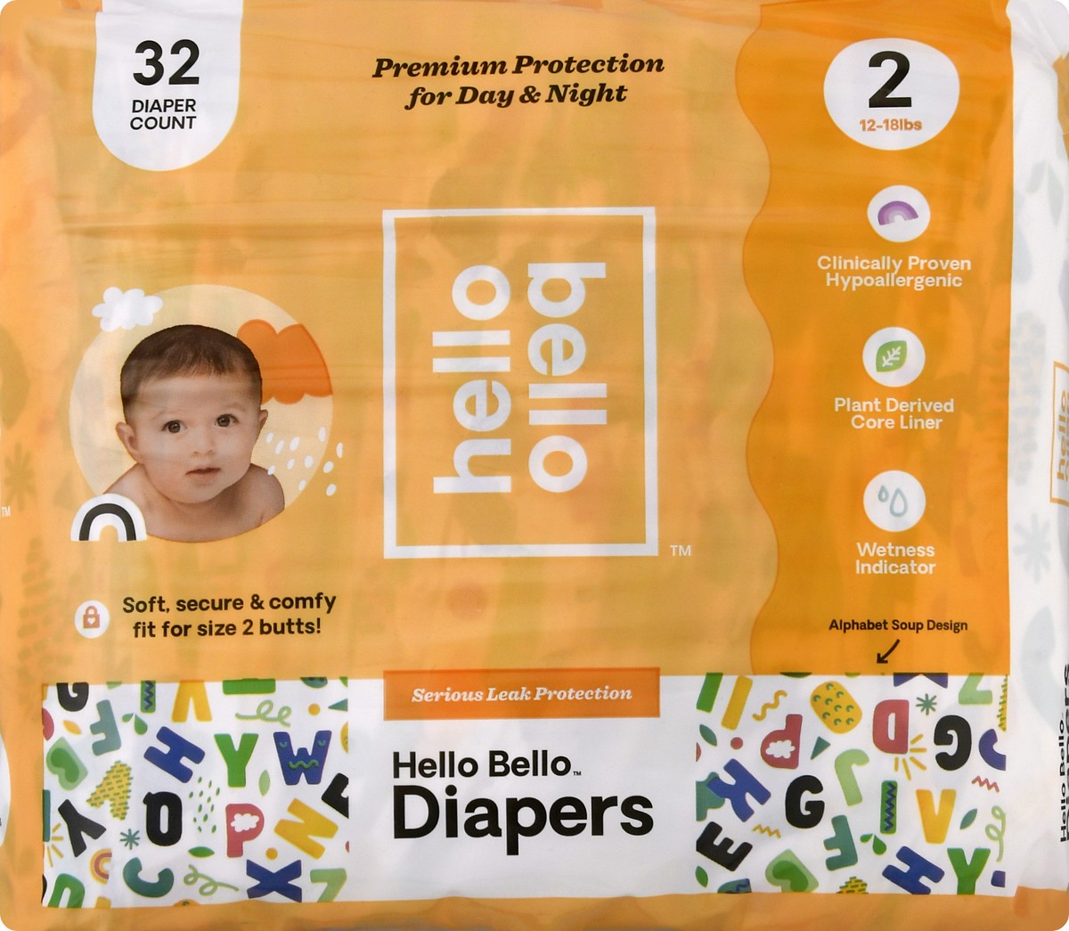 slide 3 of 9, Hello Bello 2 (12-18 lbs) Alphabet Soup Design Diapers 32 ea, 32 ct