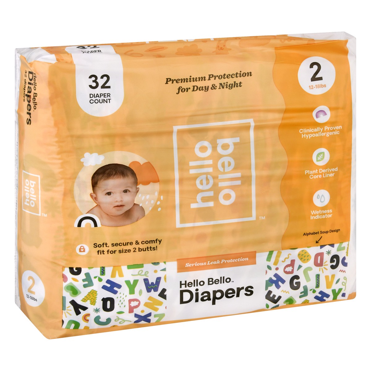 slide 6 of 9, Hello Bello 2 (12-18 lbs) Alphabet Soup Design Diapers 32 ea, 32 ct