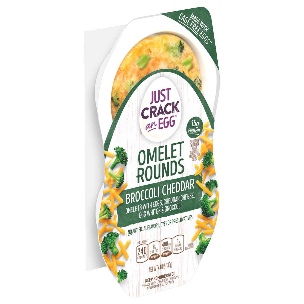 slide 6 of 9, Just Crack an Egg Omelet Rounds Broccoli Cheddar Egg Bites with Eggs, Cheddar Cheese and Broccoli, 2 ct Pack, 2 ct