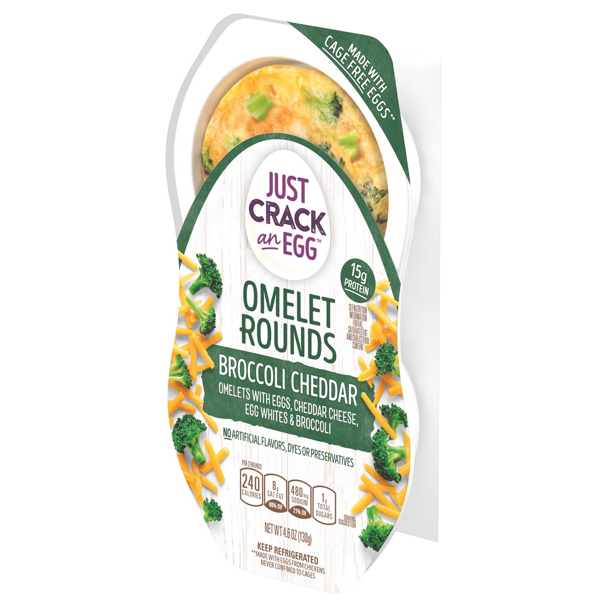 slide 3 of 9, Just Crack an Egg Omelet Rounds Broccoli Cheddar Egg Bites with Eggs, Cheddar Cheese and Broccoli, 2 ct Pack, 2 ct