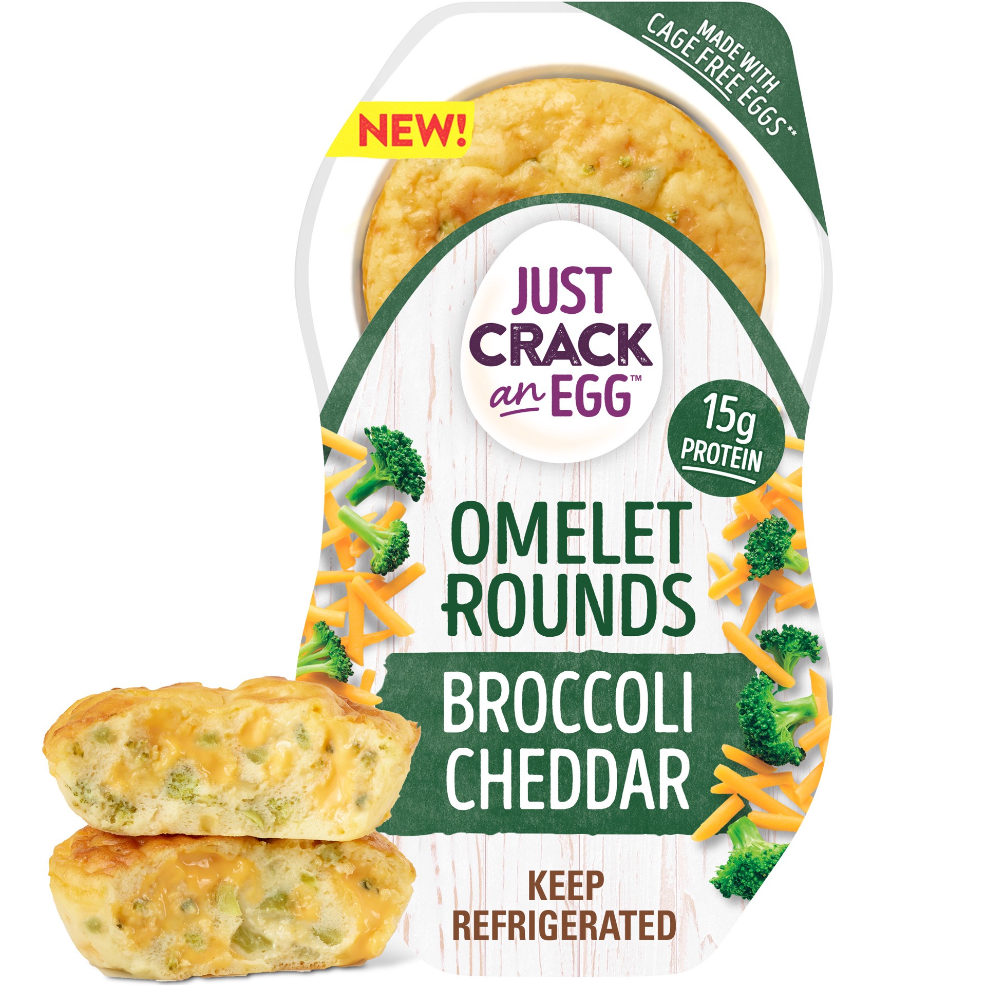 slide 1 of 9, Just Crack an Egg Omelet Rounds Broccoli Cheddar Egg Bites with Eggs, Cheddar Cheese and Broccoli, 2 ct Pack, 2 ct