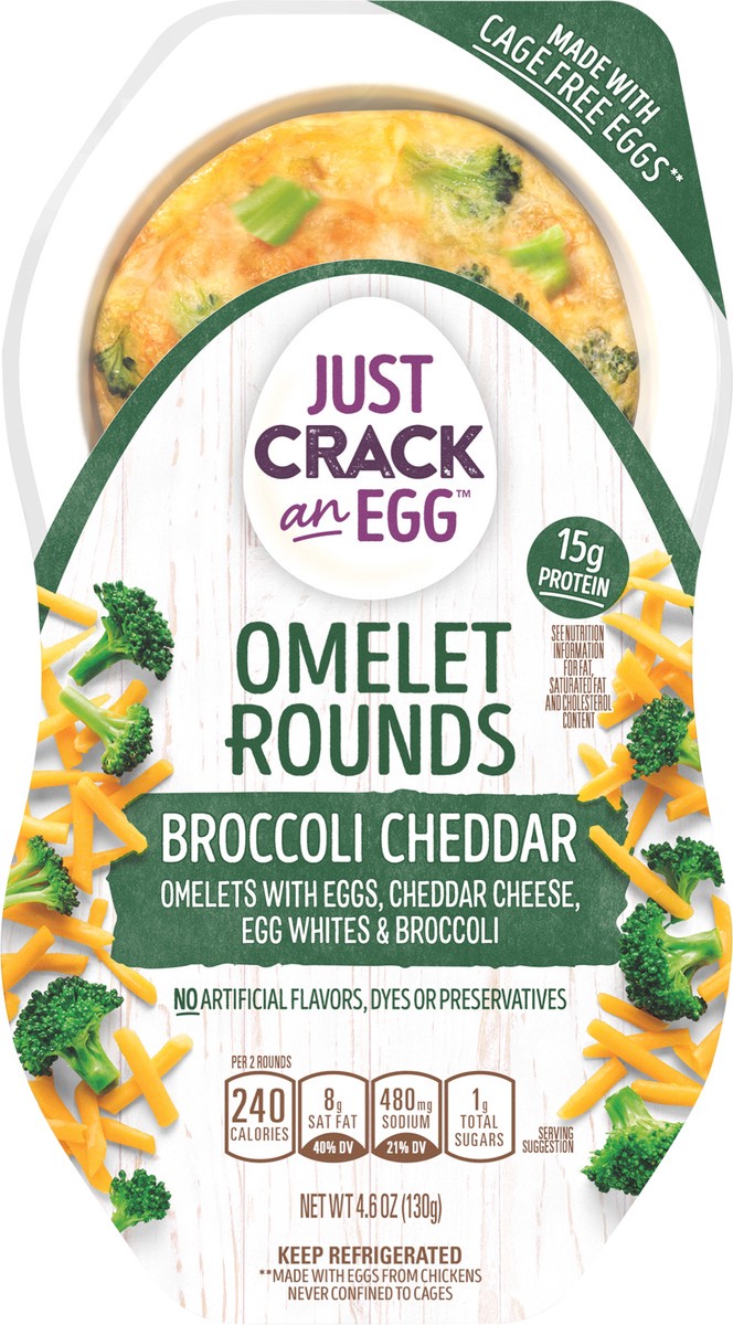 slide 8 of 9, Just Crack an Egg Omelet Rounds Broccoli Cheddar Egg Bites with Eggs, Cheddar Cheese and Broccoli, 2 ct Pack, 2 ct