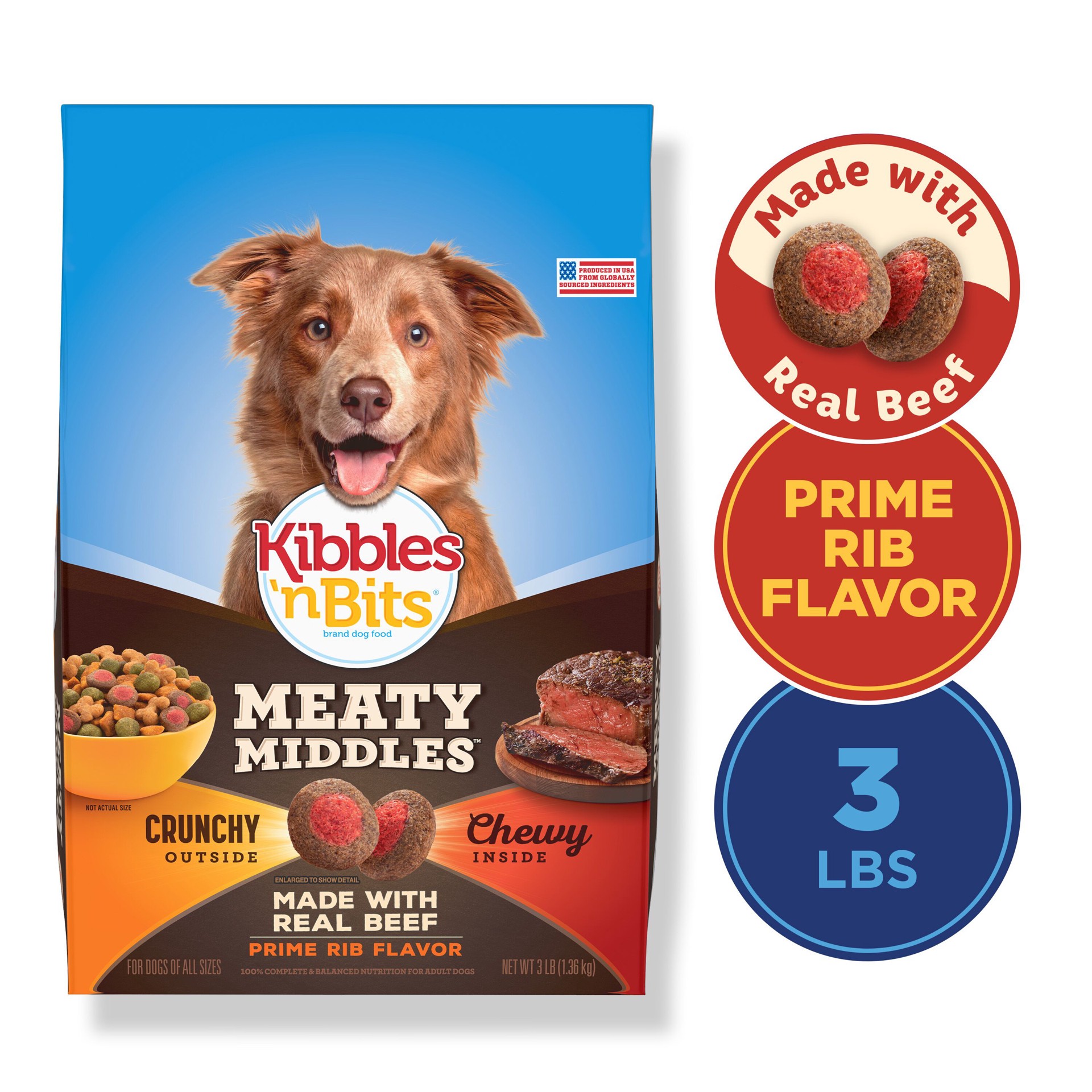 slide 3 of 4, Kibbles 'n Bits Meaty Middles Prime Rib Flavor, Dry Dog Food, 3 Pounds, 3 lb