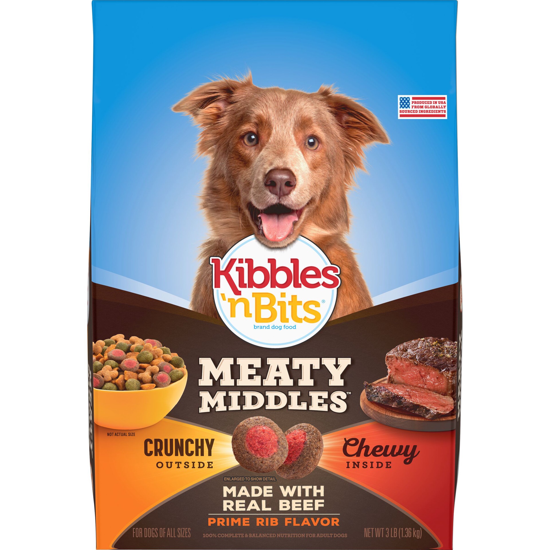 slide 1 of 4, Kibbles 'n Bits Meaty Middles Prime Rib Flavor, Dry Dog Food, 3 Pounds, 3 lb