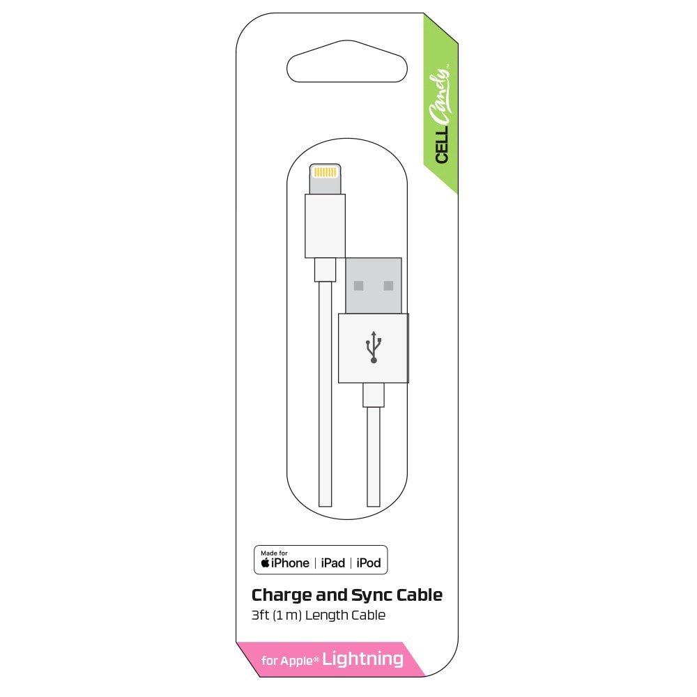 slide 1 of 1, Cellcandy Charge And Sync Cable White, 3 ft