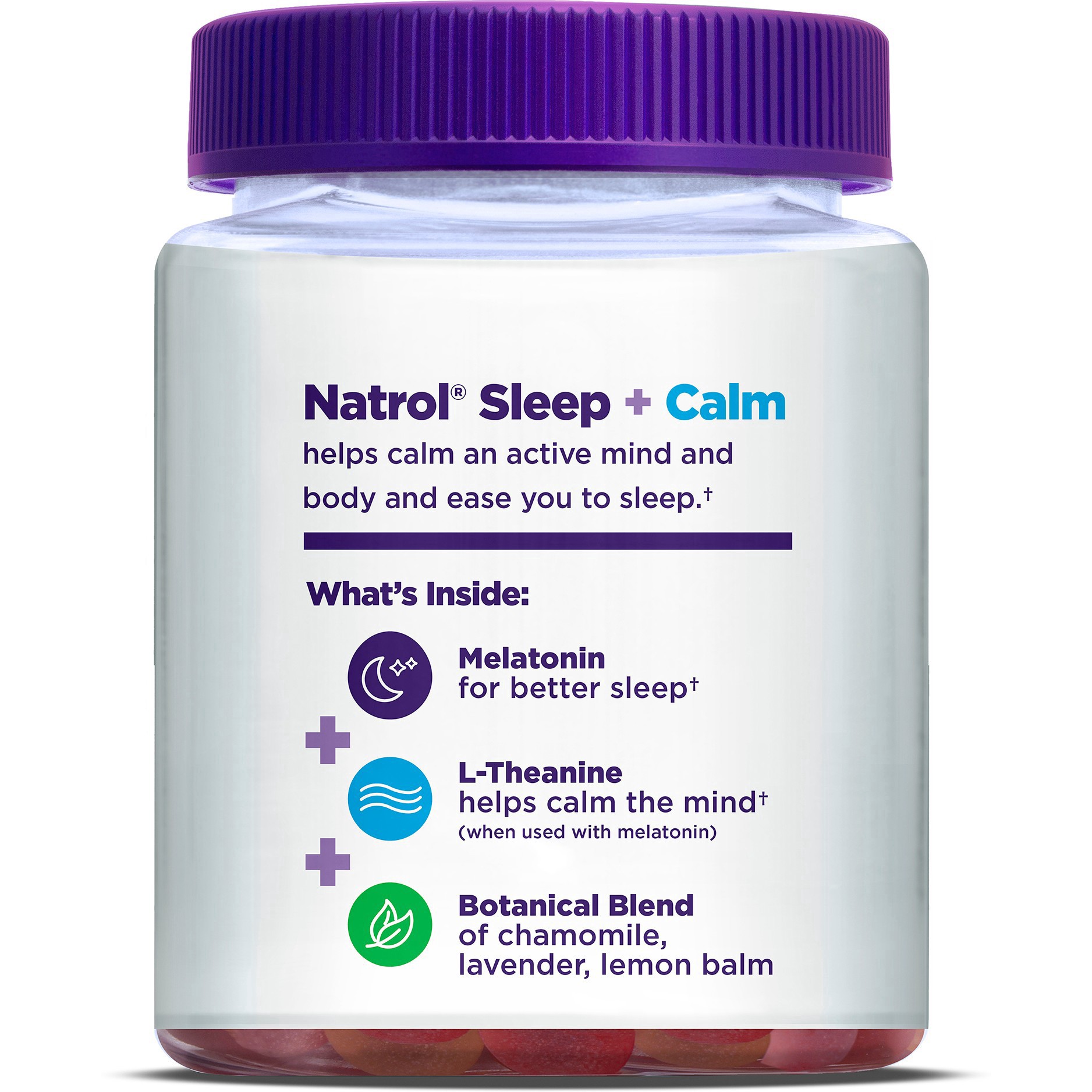 slide 7 of 9, Natrol Sleep+ Calm Gummies, Drug Free Sleep Aid Supplement, Calm an Active Mind, Ease to Sleep, 6 mg Melatonin and 100 mg L-Theanine, Gluten Free & Gelatin Free, 60 Strawberry Flavored Gummies, 60 ct
