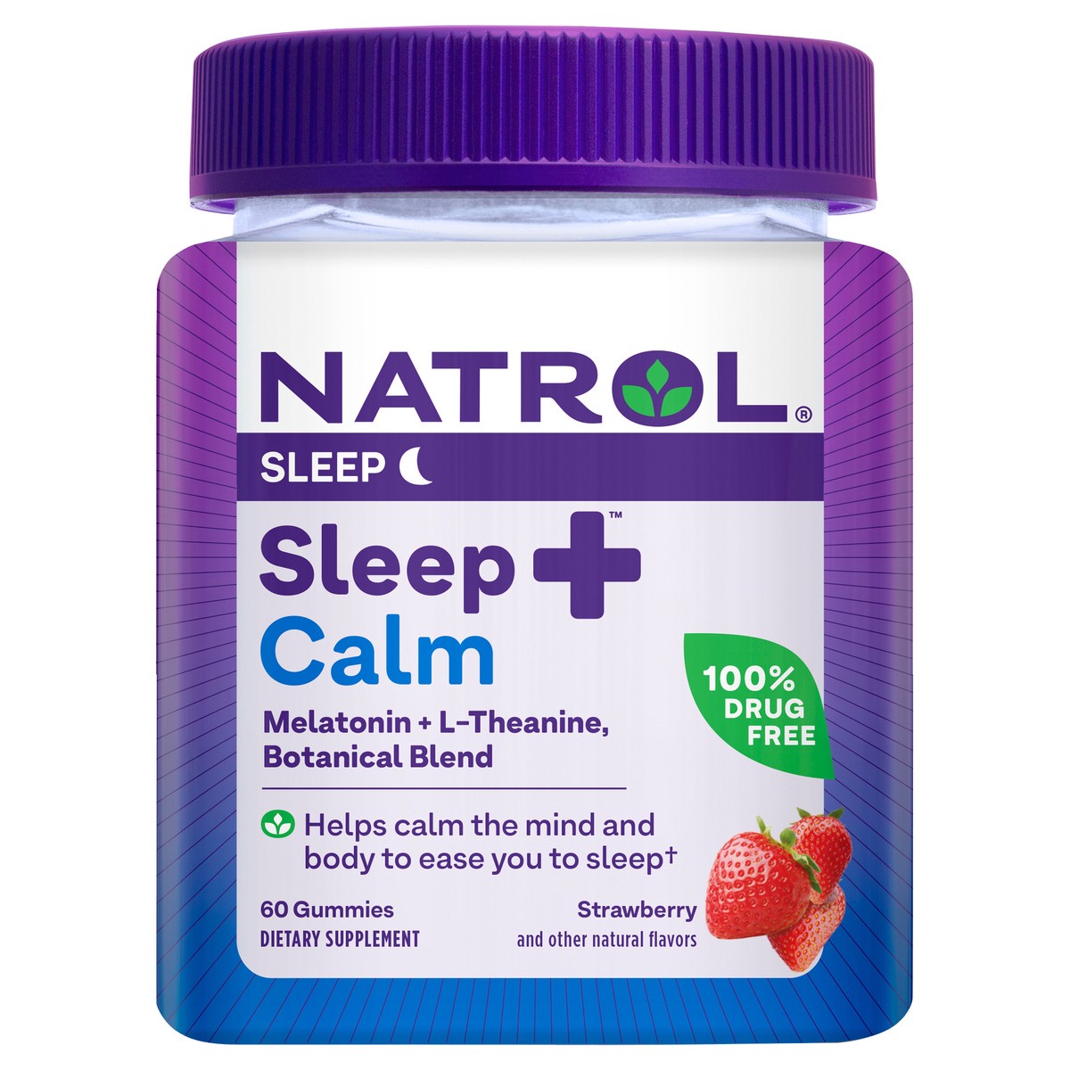 slide 1 of 9, Natrol Sleep+ Calm Gummies, Drug Free Sleep Aid Supplement, Calm an Active Mind, Ease to Sleep, 6 mg Melatonin and 100 mg L-Theanine, Gluten Free & Gelatin Free, 60 Strawberry Flavored Gummies, 60 ct