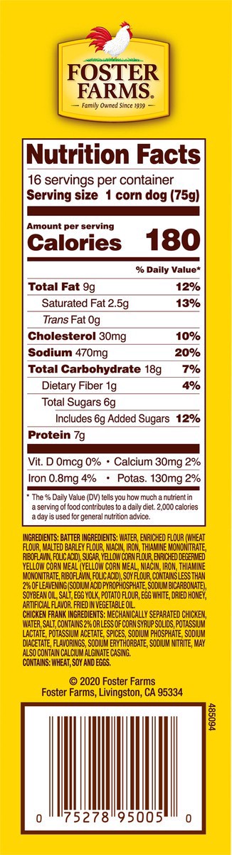 slide 7 of 9, Foster Farms Chicken Corn Dogs, 2.67 oz.,16 count box, 2.67 lb. Box, 16 ct