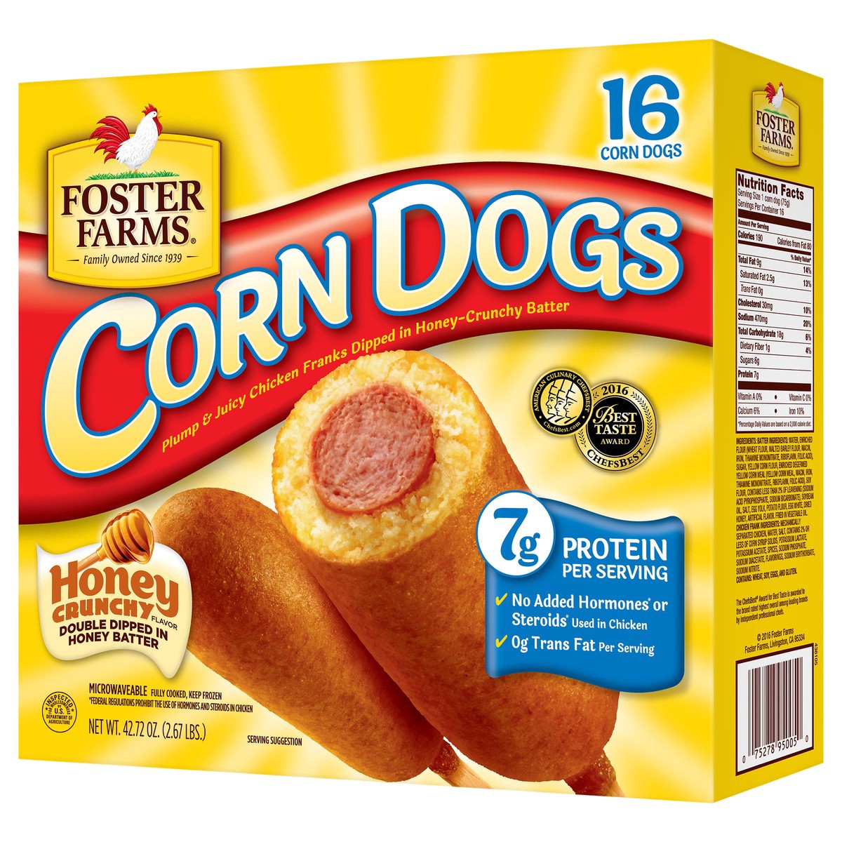 slide 5 of 9, Foster Farms Chicken Corn Dogs, 2.67 oz.,16 count box, 2.67 lb. Box, 16 ct