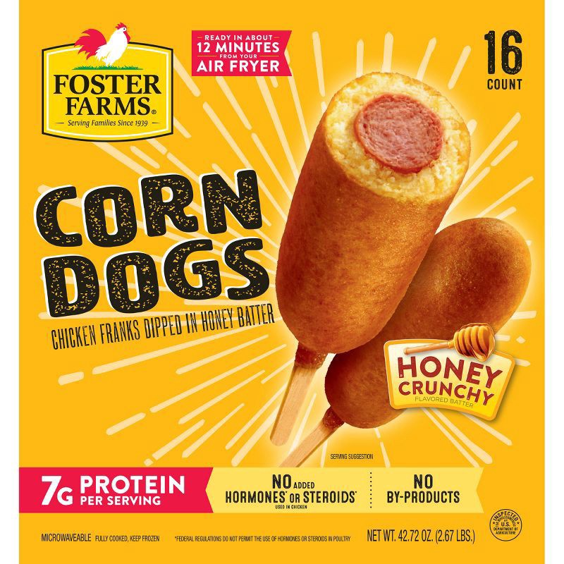 slide 1 of 9, Foster Farms Chicken Corn Dogs, 2.67 oz.,16 count box, 2.67 lb. Box, 16 ct