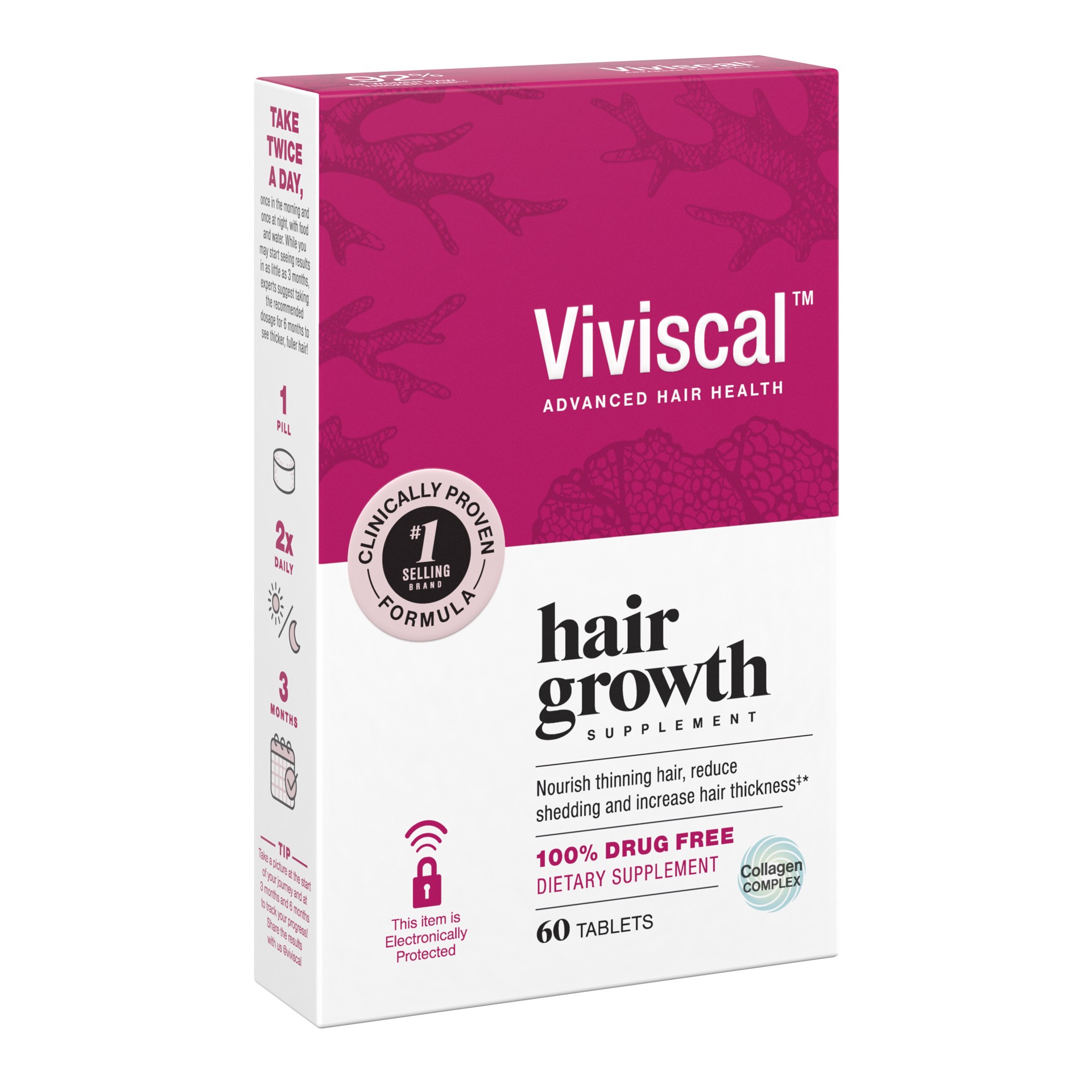 slide 4 of 5, Viviscal Hair Growth Supplements for Women, Thicker Fuller Hair Support for Thinning Hair and Hair Loss, with Biotin and Marine Collagen, Drug-Free, 60 Tablets, 1-Month Supply, 60 ct