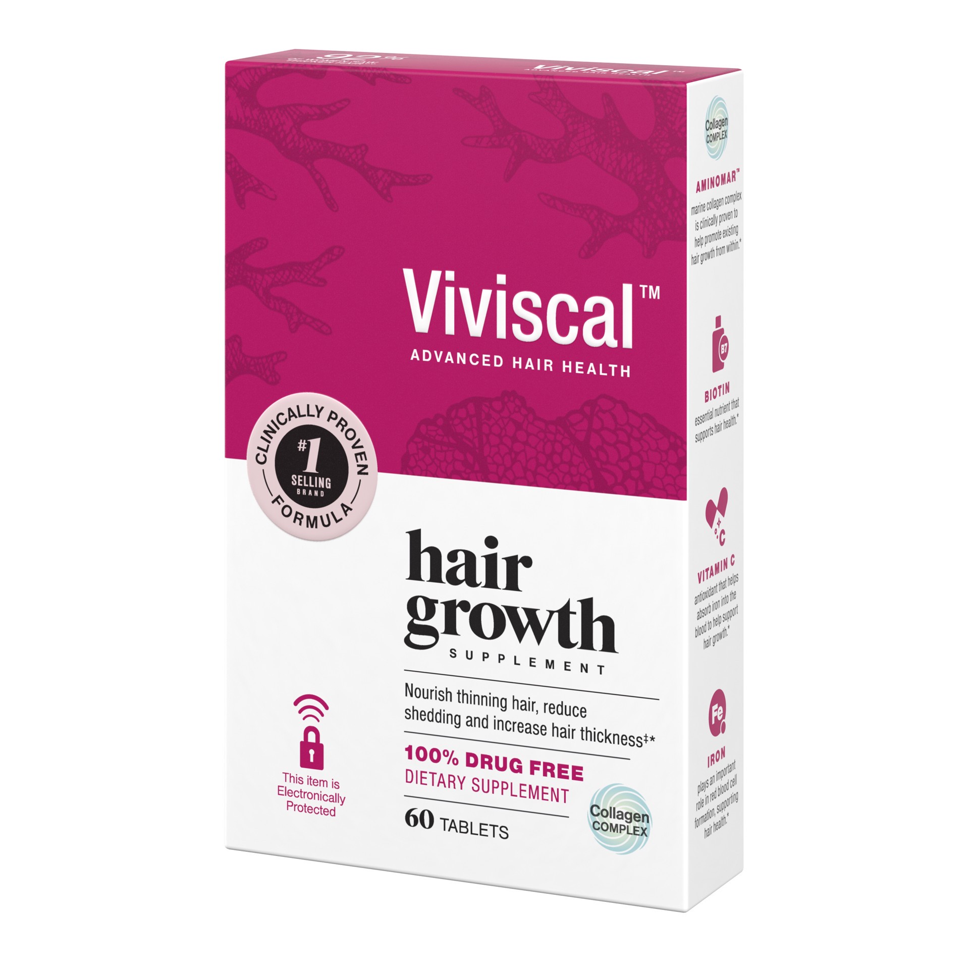 slide 2 of 5, Viviscal Hair Growth Supplements for Women, Thicker Fuller Hair Support for Thinning Hair and Hair Loss, with Biotin and Marine Collagen, Drug-Free, 60 Tablets, 1-Month Supply, 60 ct