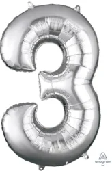 Rainbow Balloons Large Number 3 Silver - 34 inch