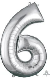 RAINBOW BALLOONS Lrg Shp Number 6 Silver Anagram 34" (Pkg)