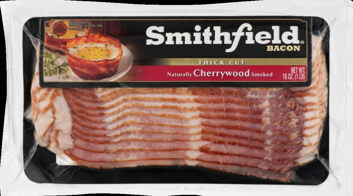 slide 8 of 10, Smithfield Thick Cut Cherrywood Smoked Bacon, 16 oz