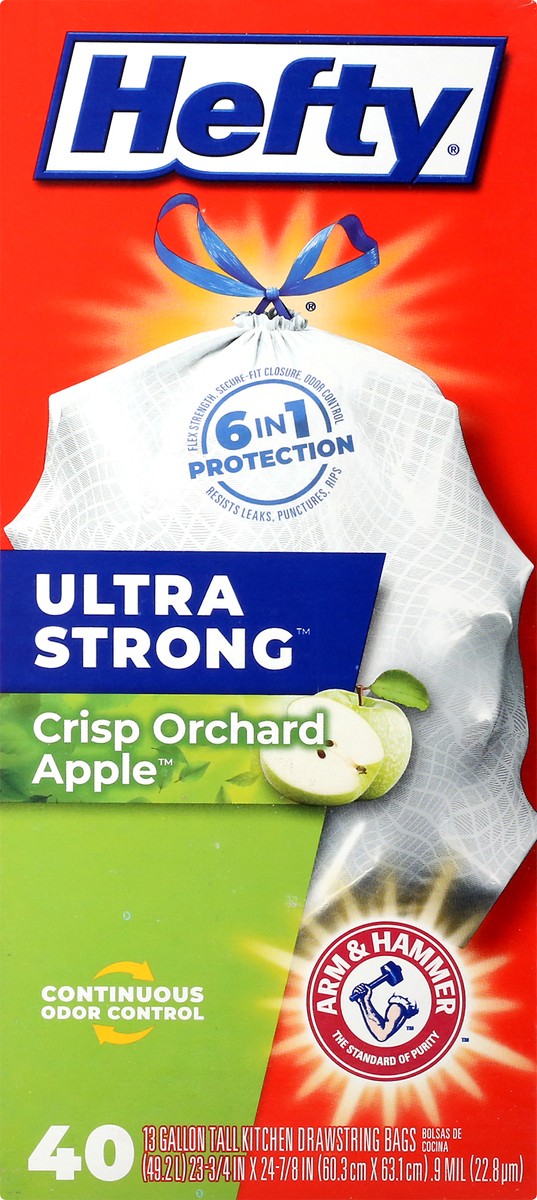 slide 1 of 12, Hefty Ultra Strong 13 Gallon Drawstring Crisp Orchard Apple Tall Kitchen Bags 40 ea, 40 ct