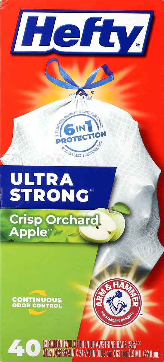 slide 5 of 12, Hefty Ultra Strong 13 Gallon Drawstring Crisp Orchard Apple Tall Kitchen Bags 40 ea, 40 ct