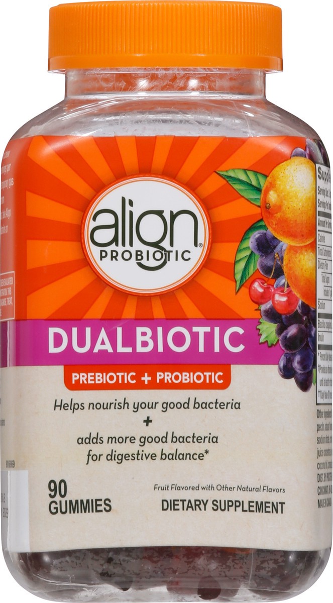 slide 11 of 14, Align Prebiotic + Probiotic Fruit Flavored Dualbiotic 90 Gummies, 90 ct