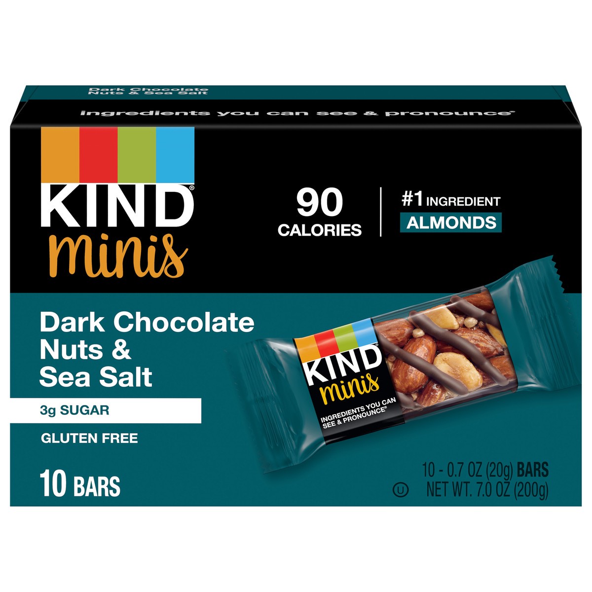 slide 1 of 9, KIND Minis Healthy Snack Bar, Dark Chocolate Nuts and Sea Salt, Gluten Free Bars, 0.7 OZ, (10 Count), 10 ct