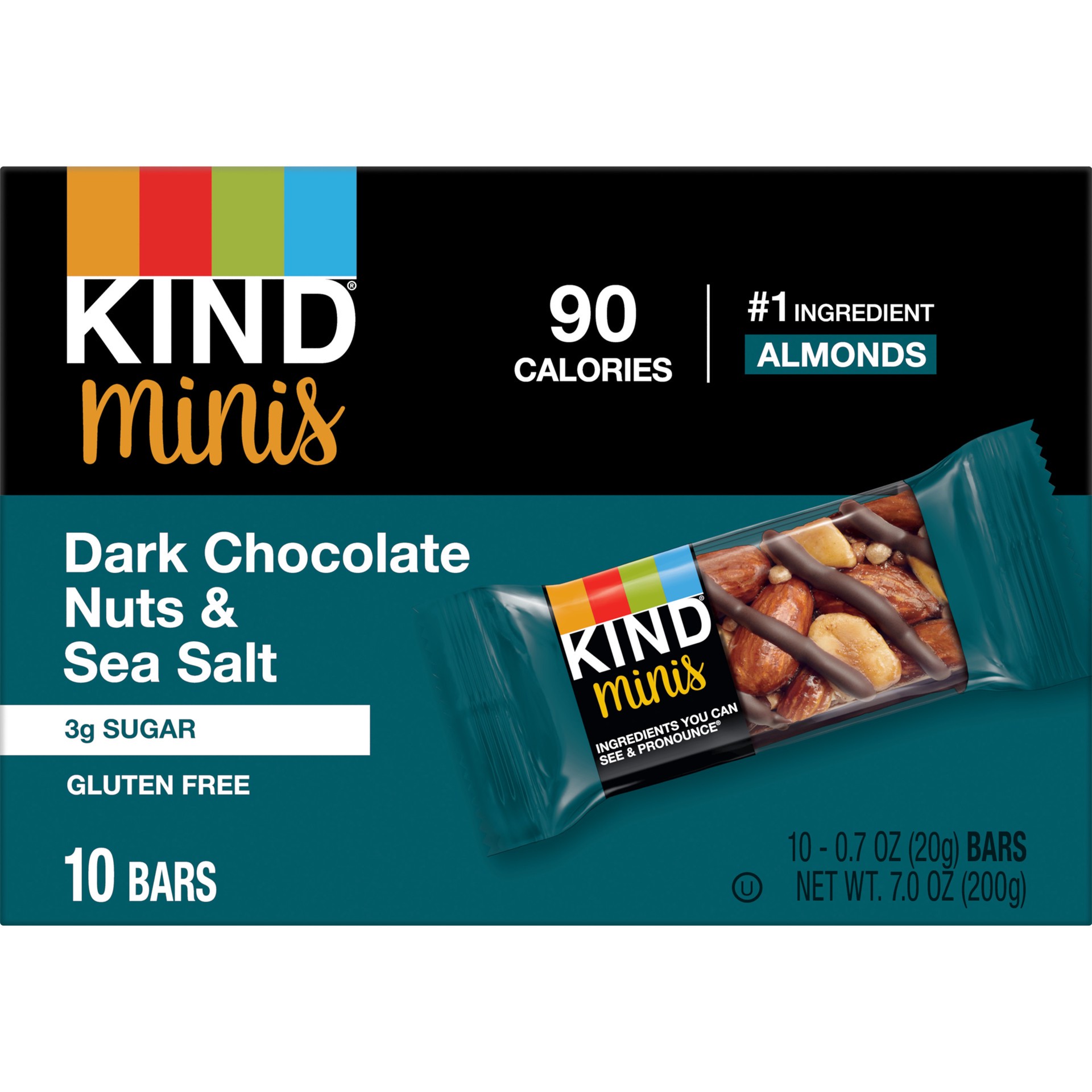 slide 1 of 9, KIND Minis Gluten Free Dark Chocolate Nuts & Sea Salt Snack Bars, 0.7 oz, 10 Ct, 7 oz