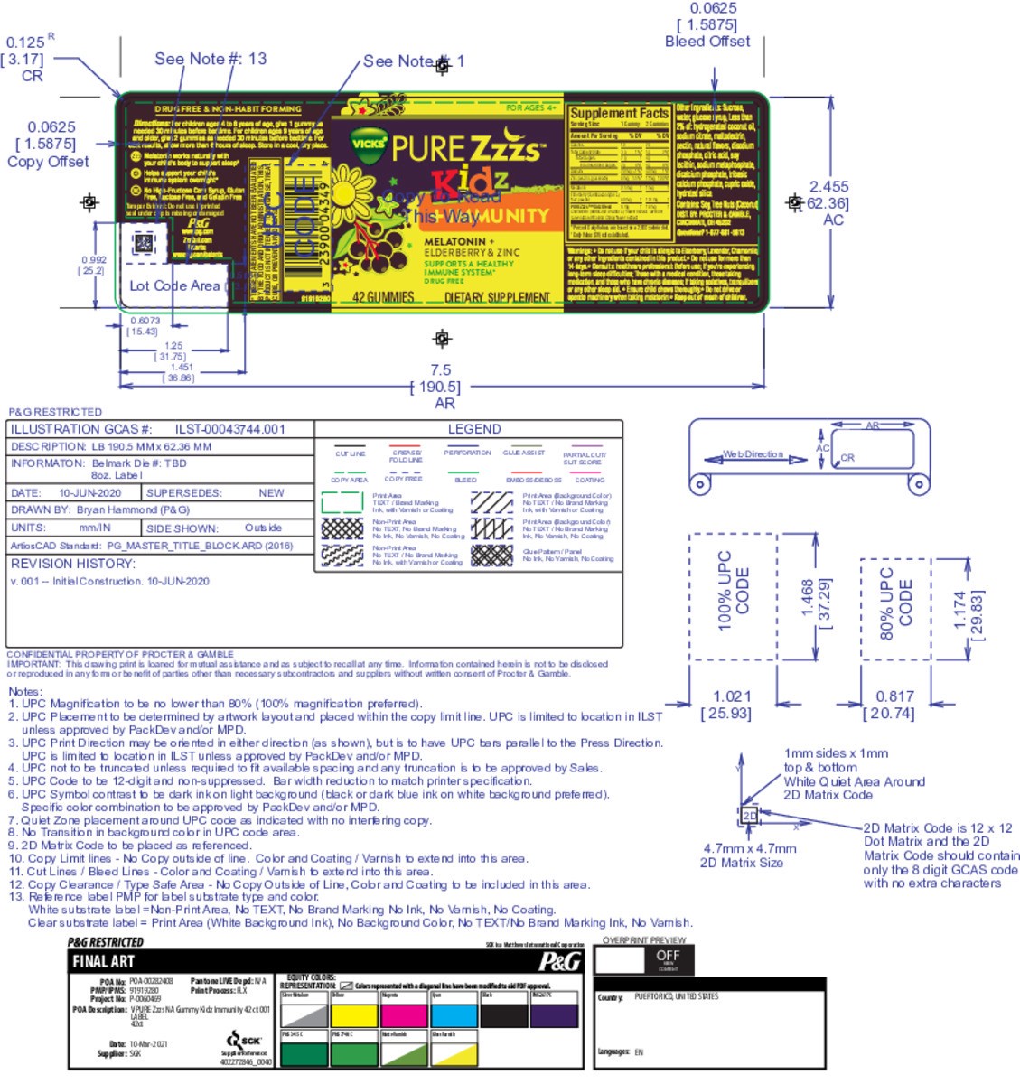 slide 6 of 10, VICKS PURE Zzzs Kidz + Immunity, Melatonin Sleep Aid Gummies for Kids and Children, Zinc for Immune Support, Low Dose Melatonin, Berry Flavored, 42 Gummies, 1 ct